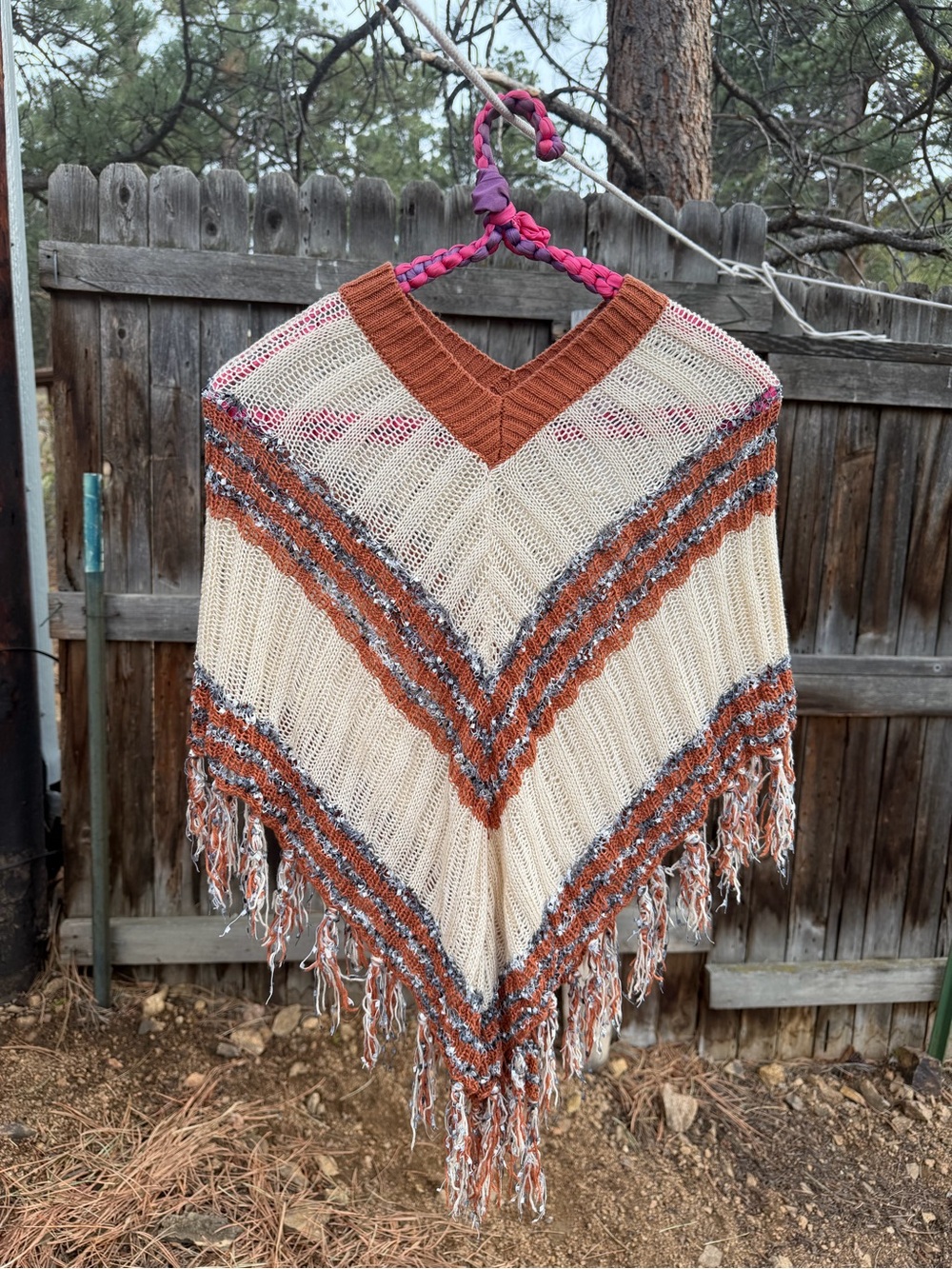 Boho Fringe Knit Tunic Poncho - Cream & Rust
